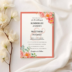 Modern orange coral pink floral elegant Wedding  Invitation