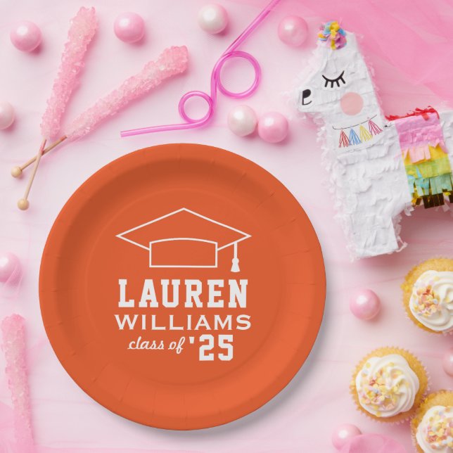 Modern Orange Custom Graduation Party Paper Plate (Party)