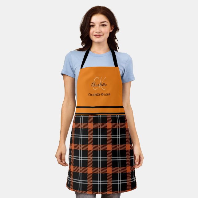 Modern Orange Fall Plaid monogram name Apron (Worn)