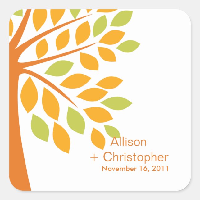Modern Orange Fall Tree Wedding Square Sticker (Front)