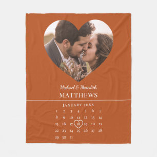 Modern Orange Fall Wedding Anniversary Calendar  Fleece Blanket