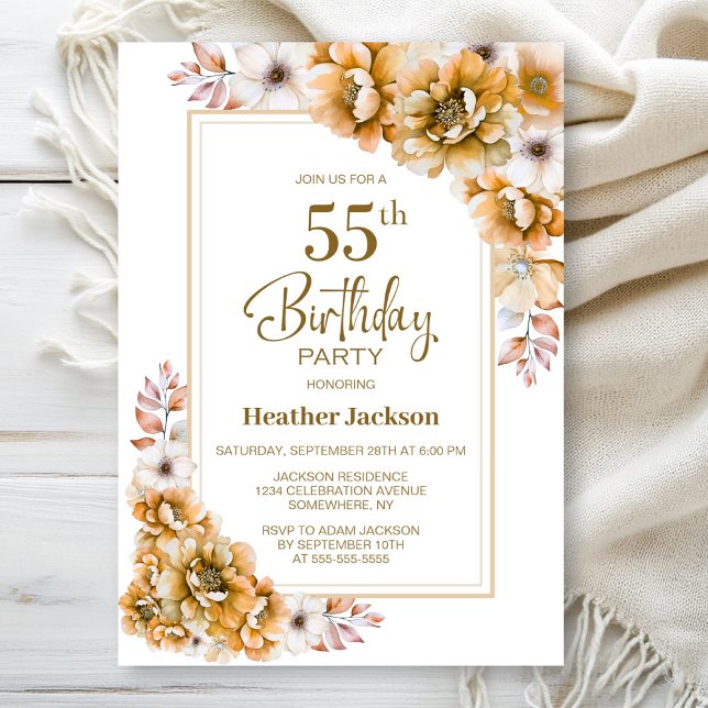 Modern Orange Floral 55th Birthday Party Invitation (Creator Uploaded)