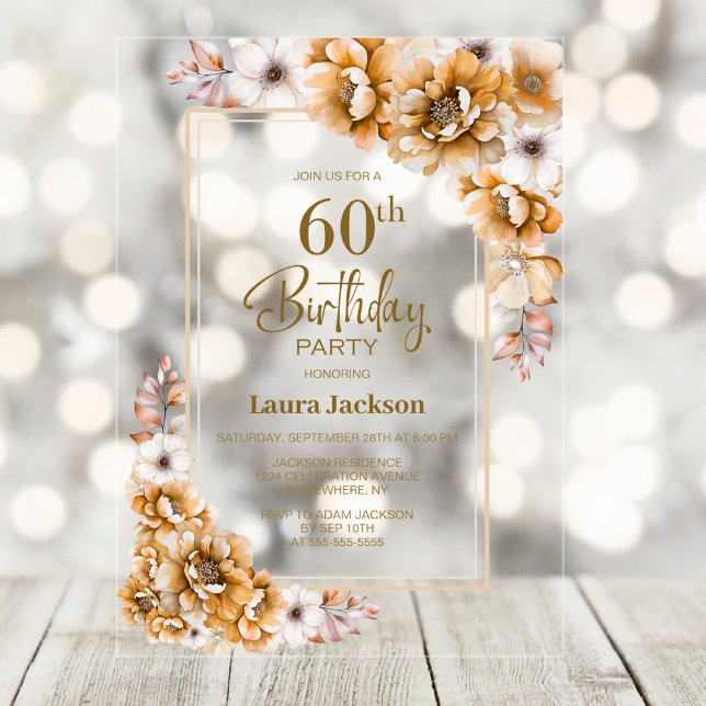 Modern Orange Floral 60th Birthday Party Acrylic Invitations (Creator Uploaded)
