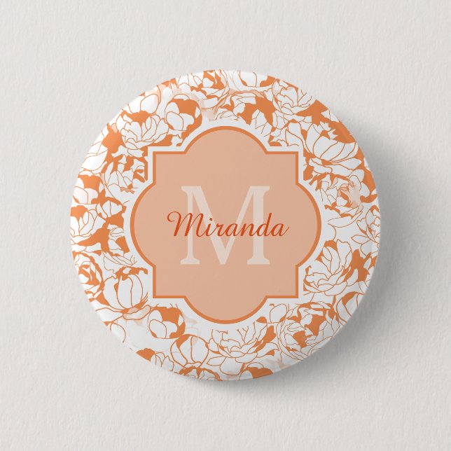 Modern Orange Floral Girly Monogram With Name 6 Cm Round Badge (Front)