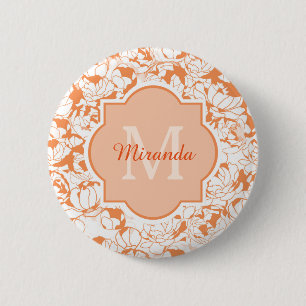 Modern Orange Floral Girly Monogram With Name 6 Cm Round Badge