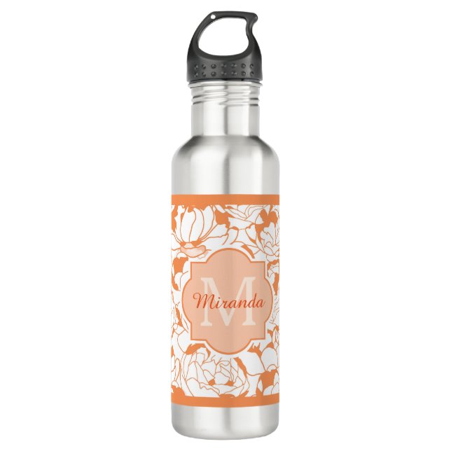Modern Orange Floral Girly Monogram With Name 710 Ml Water Bottle (Front)