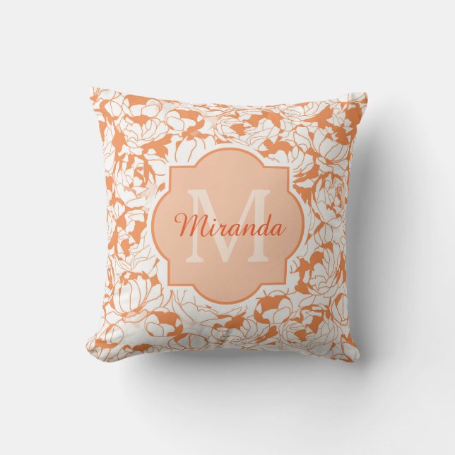 Modern Orange Floral Girly Monogram With Name Cushion (Front)