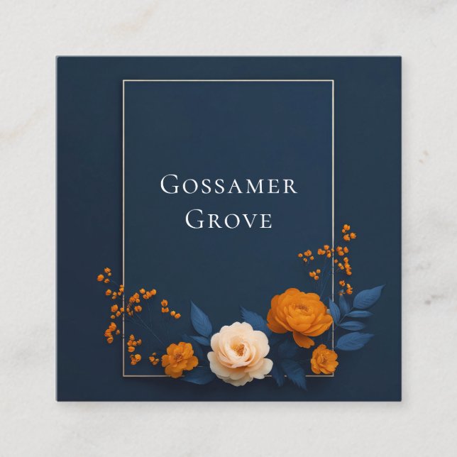 Modern Orange Floral Navy Blue Gold Frame Square Business Card (Front)