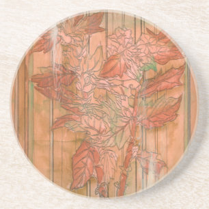 Modern Orange Floral Print on Stripped Background Coaster
