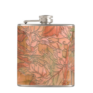 Modern Orange Floral Print on Stripped Background Hip Flask