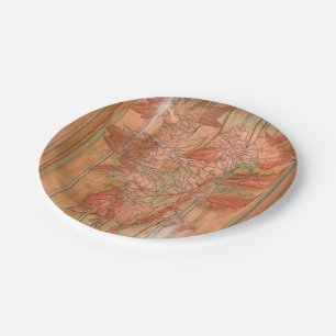 Modern Orange Floral Print on Stripped Background Paper Plate