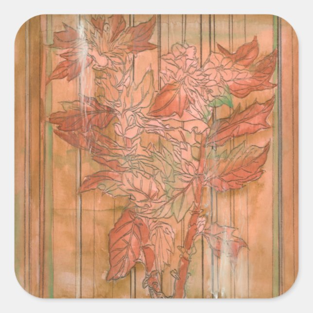 Modern Orange Floral Print on Stripped Background Square Sticker (Front)