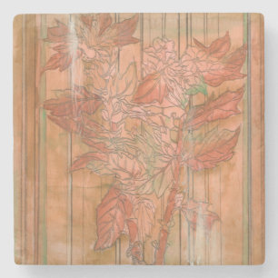 Modern Orange Floral Print on Stripped Background Stone Coaster