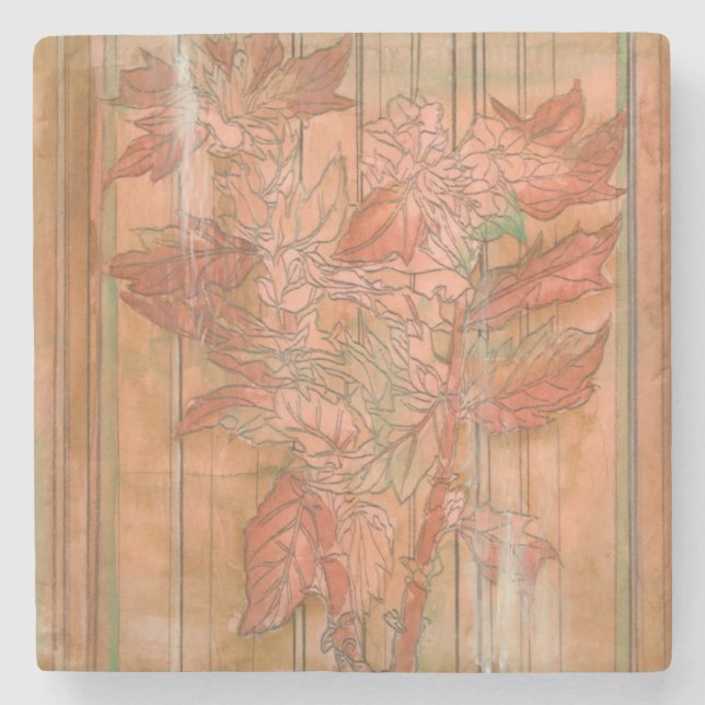 Modern Orange Floral Print on Stripped Background Stone Coaster (Front)