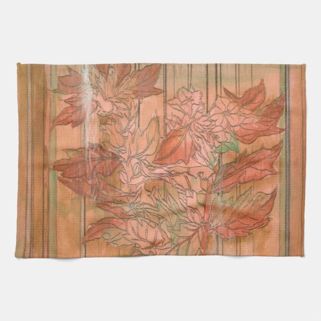 Modern Orange Floral Print on Stripped Background Tea Towel (Horizontal)