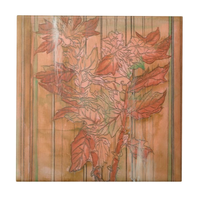 Modern Orange Floral Print on Stripped Background Tile (Front)