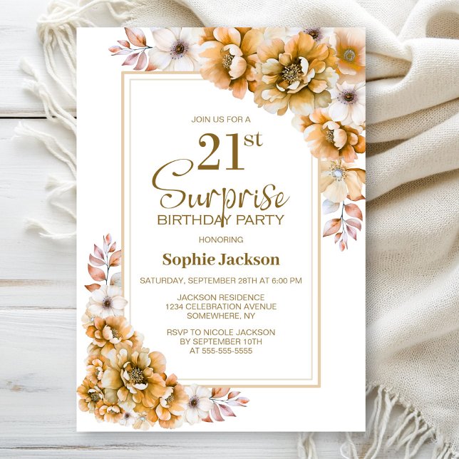 Modern Orange Floral Surprise 21st Birthday Party Invitation (Creator Uploaded)