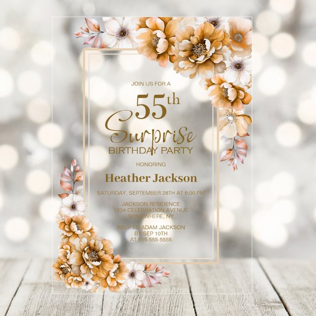 Modern Orange Floral Surprise 55th Birthday Party Acrylic Invitations (Creator Uploaded)