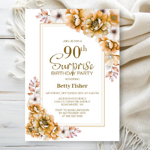 Modern Orange Floral Surprise 90th Birthday Party Invitation