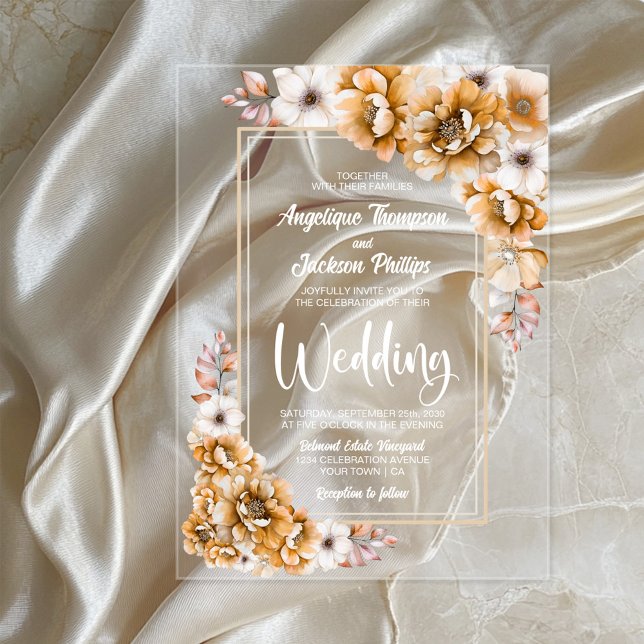 Modern Orange Floral Wedding Acrylic Invitations (Creator Uploaded)