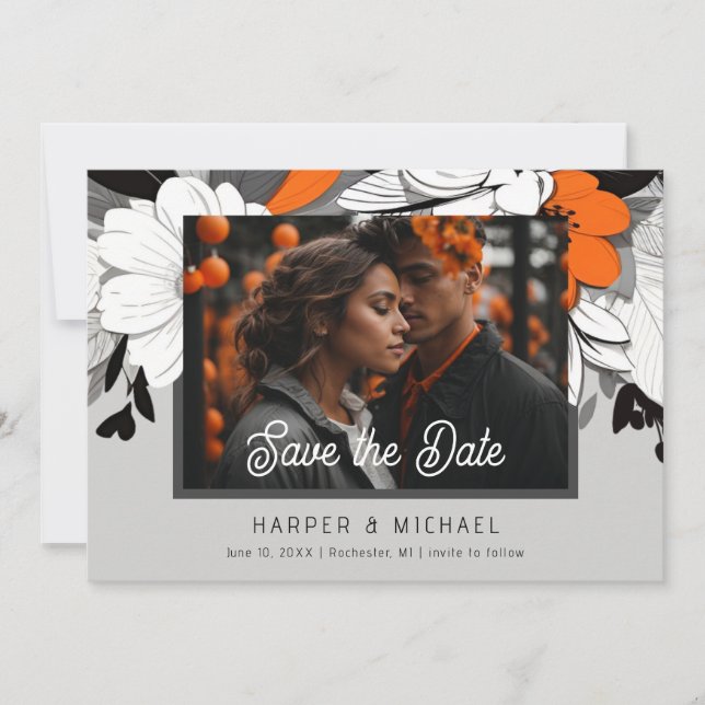Modern orange floral wedding photo save the date invitation (Front)