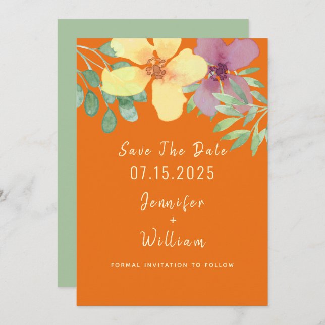 Modern Orange Floral Wedding Save The Date (Front/Back)