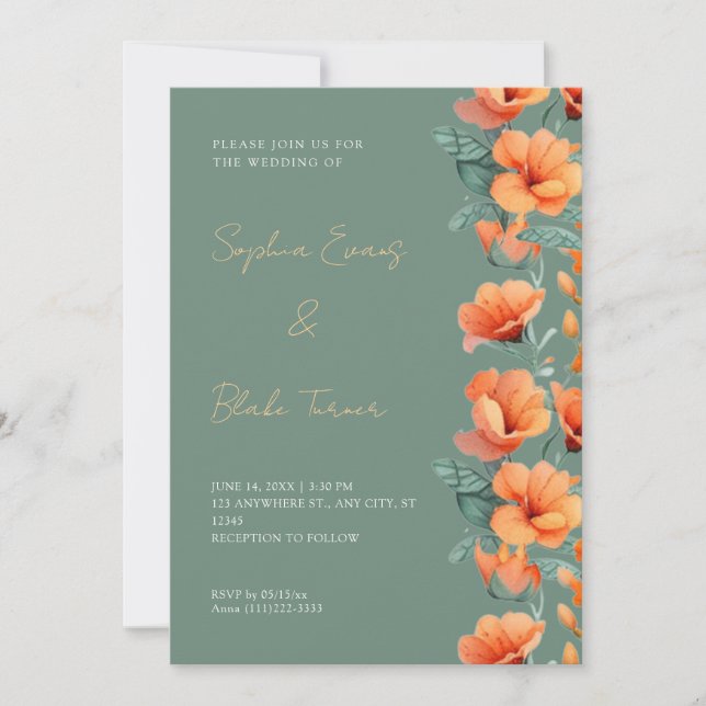 Modern Orange Flowers Fall Green Wedding Invitation (Front)