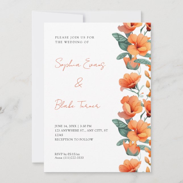 Modern Orange Flowers Fall White Wedding Invitation (Front)