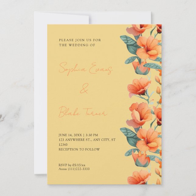 Modern Orange Flowers Fall Yellow Wedding Invitation (Front)