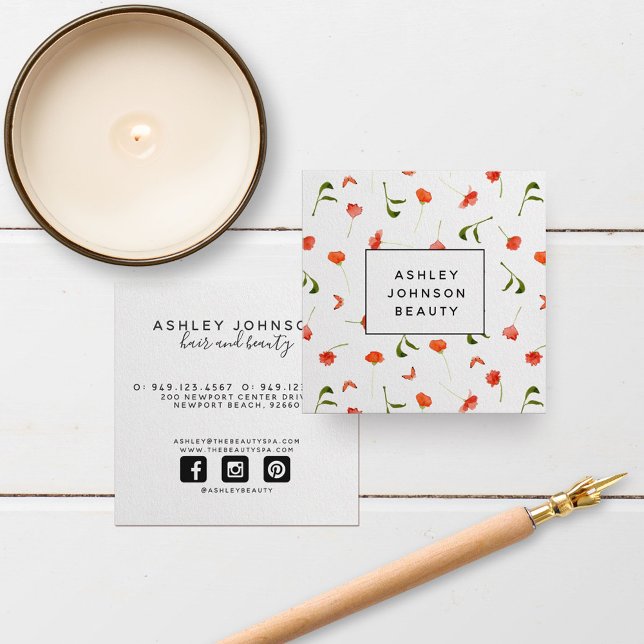 Modern Orange Flowers Pattern Feminine Square Business Card (Creator Uploaded)