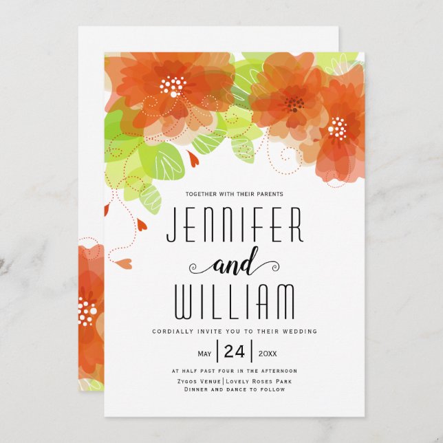 Modern orange flowers, typography floral wedding invitation (Front/Back)