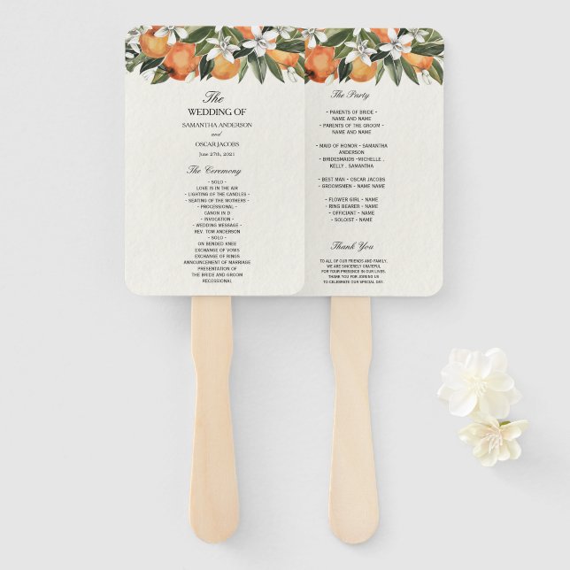 Modern Orange & Flowers Watercolor  Hand Fan (Front and Back)