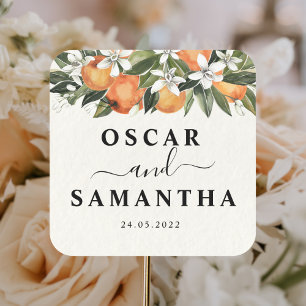 Modern Orange & Flowers Watercolor Square Sticker