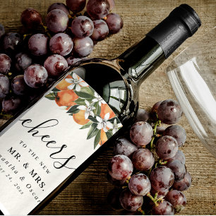 Modern Orange & Flowers Watercolor Wine Label