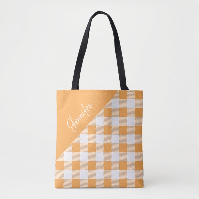 Modern Orange Gingham Plaid Name Tote Bag (Front)