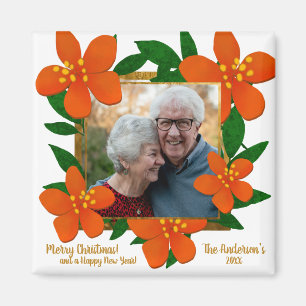 Modern Orange Gold Foral Frame Photo Wrapping Pape Magnet