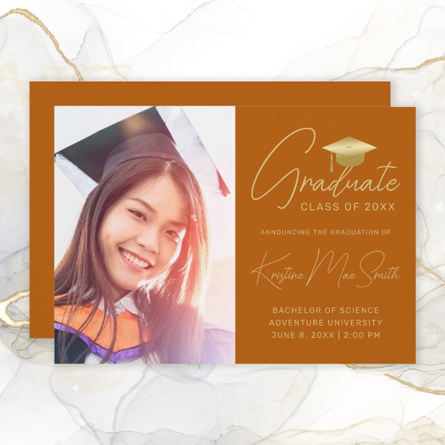 Modern Orange Gold Script Photo College Graduation Announcement (Modern Orange Gold Scropt Graduation Announcement)