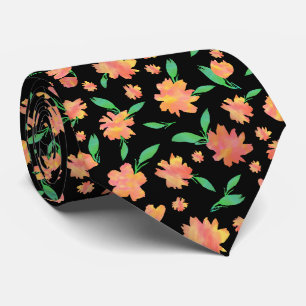 Modern orange green watercolor flowers tie