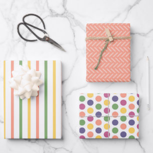 Modern Orange, Green, Yellow Stripes and Polka Dot Wrapping Paper Sheet