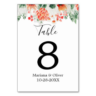 Modern Orange Greenery Wildflowers Floral Table Number