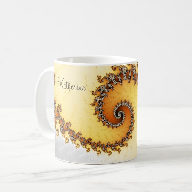 Modern Orange Grey Spiral Fractal With Name Coffee Mug (Front Left)