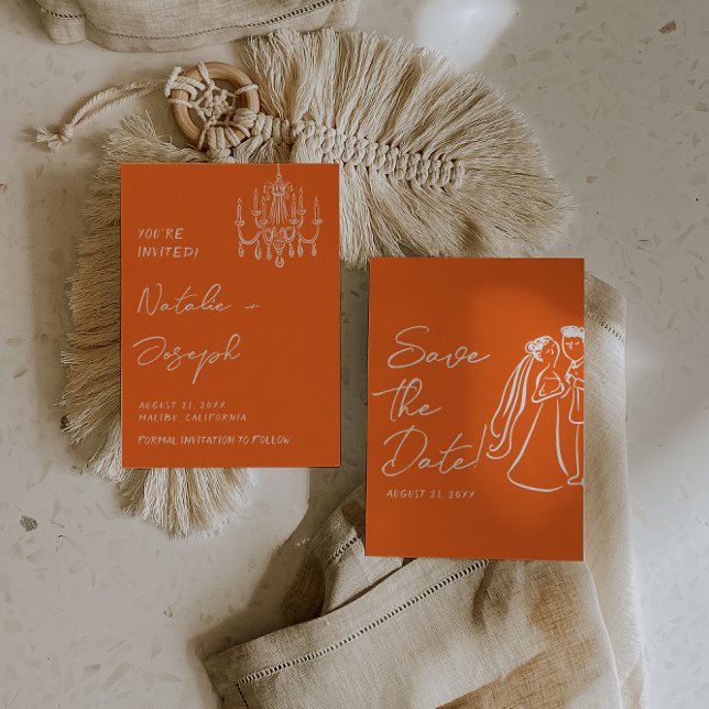 Modern Orange Hand Drawn Retro Summer Wedding  Save The Date (Creator Uploaded)
