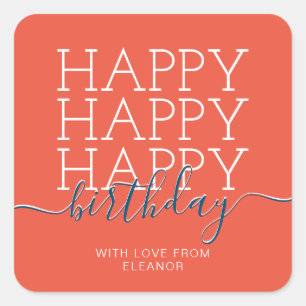 Modern orange Happy Birthday Square Sticker