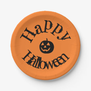 Modern Orange Happy Halloween Pumpkin Paper Plate