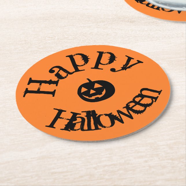 Modern Orange Happy Halloween Pumpkin Round Paper Coaster (Angled)