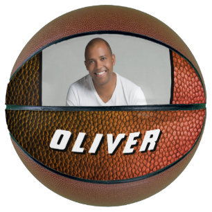 Modern Orange Leather Name Photo Basketball