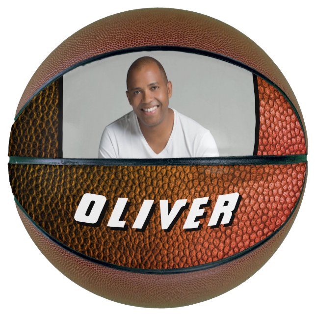 Modern Orange Leather Name Photo Basketball (Front)