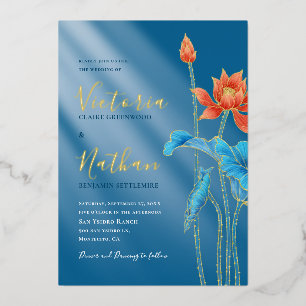 Modern Orange Lotus Flower Blue Wedding Invitation