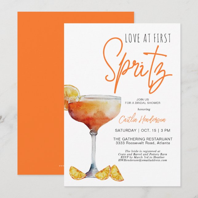 Modern Orange Love At First Spritz Bridal Shower Invitation (Front/Back)