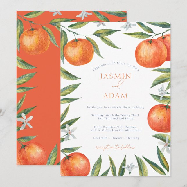 Modern Orange Mediterranean Citrus Wedding Invitation (Front/Back)
